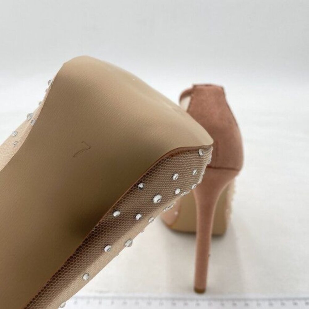 FSJ Nude Peep Toe Pumps Mesh Rhinestones Stiletto High Heels Slip On Shoes - Picture 6 of 8